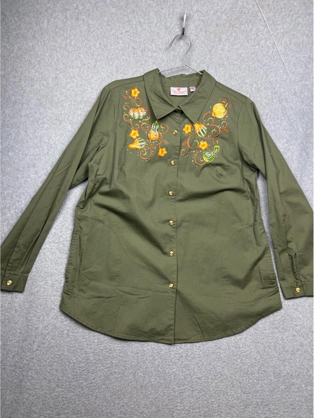 Quacker Factory Womens Denim Button Up Shirt Tunic M Gem Embellished